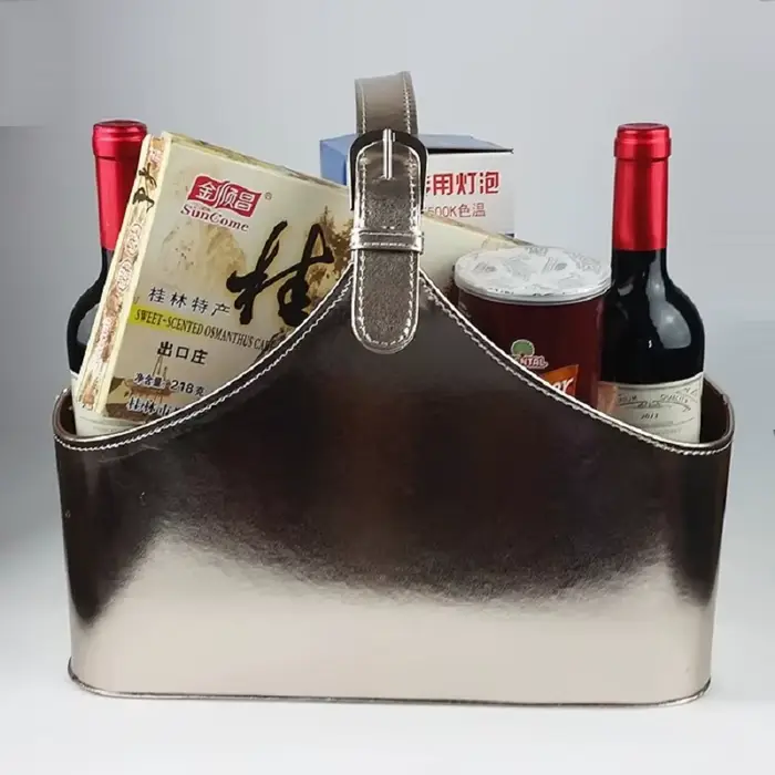 Panier cadeau en cuir couleur champagne, panier décoratif, panier à vin rouge
